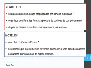 MENDELEEV
 listou os elementos e suas propriedades em cartões individuais ;
 organizou de diferentes formas à procura de padrões de comportamento;
 dispôs os cartões em ordem crescente da massa atómica.
MOSELEY
 descobriu o número atómico Z
 determinou que os elementos deveriam obedecer a uma ordem crescente
de número atómico e não de massa atómica.
3
Daniela Pinto
 