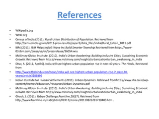 References
• Wikipedia.org
• WHO.org
• Census of India.(2011). Rural Urban Distribution of Population. Retrieved from
http://censusindia.gov.in/2011-prov-results/paper2/data_files/india/Rural_Urban_2011.pdf
• IBM.(2011). IBM Helps India’s Wave Inc Build Smarter Township.Retrieved from https://www-
03.ibm.com/press/us/en/pressrelease/36054.wss
• McKinsey Global Institute. (2010). India’s Urban Awakening: Building Inclusive Cities, Sustaining Economic
Growth. Retrieved from http://www.mckinsey.com/insights/urbanization/urban_awakening_in_india
• Dhar, A. (2012, April 6). India will see highest urban population rise in next 40 years. The Hindu. Retrieved
from
• http://www.thehindu.com/news/india-will-see-highest-urban-population-rise-in-next-40-
years/article3286896
• Indian Institute for Human Settlements.(2011). Urban Dynamics. Retrieved fromhttp://www.iihs.co.in/wp-
content/themes/education/resources/Urban-Dynamics.pdf
• McKinsey Global Institute. (2010). India’s Urban Awakening: Building Inclusive Cities, Sustaining Economic
Growth. Retrieved from http://www.mckinsey.com/insights/urbanization/urban_awakening_in_india
• Ghosh, J. (2011). Urban Challenge.Frontline.28(17). Retrieved from
http://www.frontline.in/static/html/fl2817/stories/20110826281710400.htm .
 