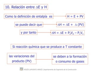 ROCÍO LAPUENTE ARAGÓ- Departamento de Ingeniería de la Construcción
10. Relación entre DE y H
Como la definición de entalp...