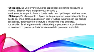 •El espacio. Es uno o varios lugares específicos en donde transcurre la
historia. El lector logra imaginar cada espacio y
sentir emociones particulares a través de la descripción que detalla el autor.
•El tiempo. Es el momento o época en la que ocurren los acontecimientos y
puede ser lineal (cronológico) o con idas y vueltas (jugando con los hechos
del pasado, del presente y de futuro a lo largo de todo el relato).
•La acción. Es el argumento de la historia que puede estar explícito desde
un comienzo o que se va deduciendo a medida que avanza el relato.
 