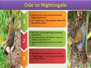 Ode to Nightingale
1
• Hearing the song connected with
Nightingale bird
• In “Indolence", the speaker Rejected
all artistic effort.
2
• The “Art” of the Nightingale endlessly
changeable
• The suppression will find its match in
“ode on a Grecian urn”
• Speaker will finally confront a created
Art
3
• As befits his celebration of music
• “Nightingale” it is a sing of too full
a connection :
 