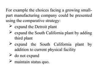 For example the choices facing a growing small-
part manufacturing company could be presented
using the comparative strategy:
 expand the Detroit plant
 expand the South California plant by adding
third plant
 expand the South California plant by
addition to current physical facility
 do not expand
 maintain status quo.
 