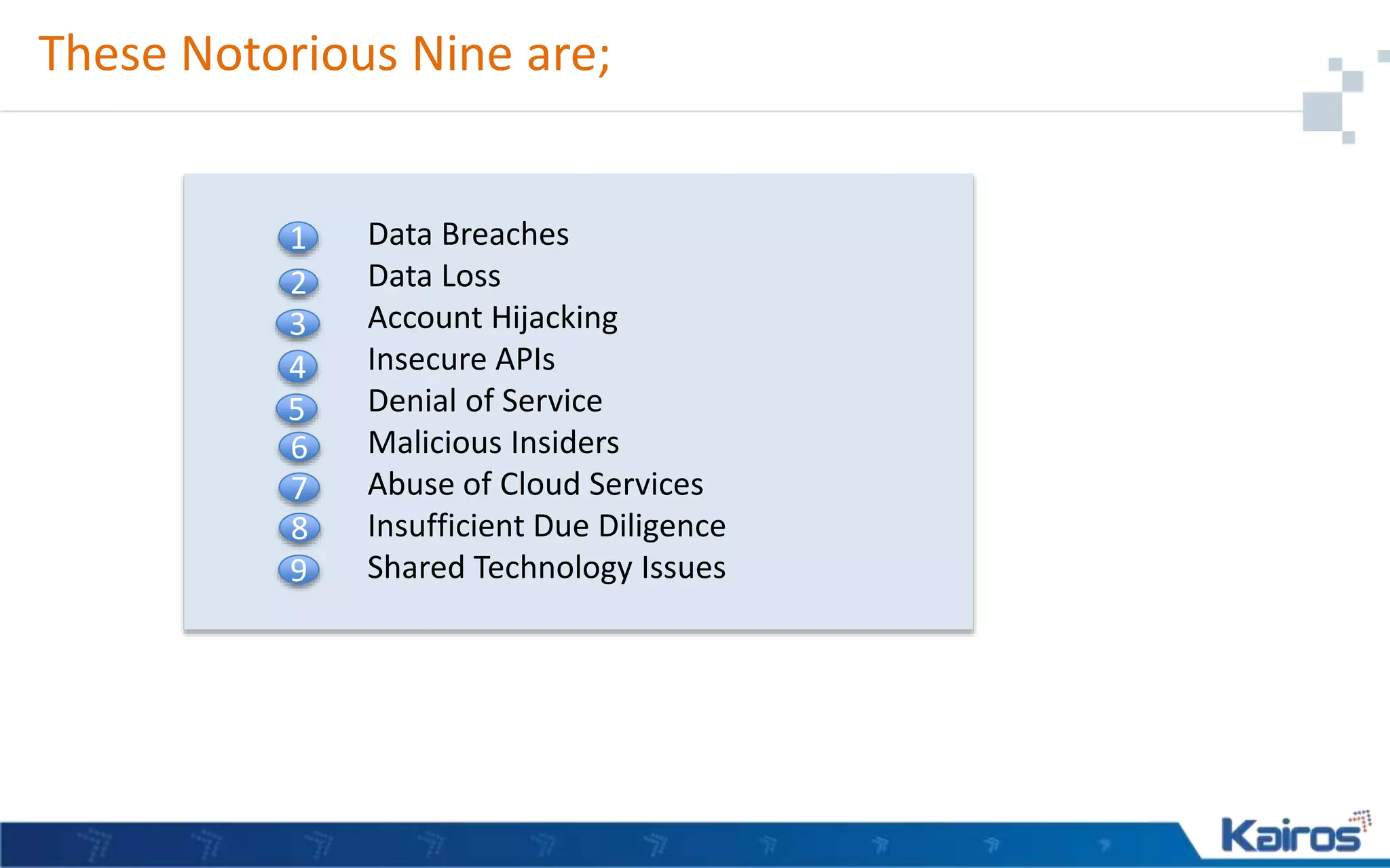 These Notorious Nine are;
Data Breaches
Data Loss
Account Hijacking
Insecure APIs
Denial of Service
Malicious Insiders
Abuse of Cloud Services
Insufficient Due Diligence
Shared Technology Issues
1
3
2
5
4
7
8
6
9
 