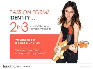 TIME INC. PASSIONS RESEARCH
PASSION FORMS
IDENTITY…
wouldn’t be who
they are without it!
2 3IN
“My passion is a
big part of who I am”
“People know me as
an expert in my passion”
 