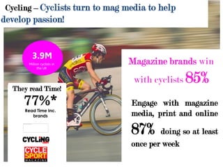 Cycling – Cyclists turn to mag media to help
develop passion!
3.9M
Million cyclists in
the UK
77%*
Read Time Inc.
brands
They read Time!
Magazine brands win
with cyclists 85%
Engage with magazine
media, print and online
87% doing so at least
once per week
 