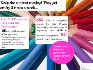 Keep the content coming! They get
crafty 3 times a week…
Source:
NRS and NRS PADD Jan 15 –
Dec 15
TGI UK 2015
*Passions Survey 2016
ENGAGED audience
They don’t frit –
They commit
76% get craft upwards
of 3X per week!
They need brands to keep the
ideas coming, they get
frustrated seeing the same
patterns or ideas time after
time.
86% look to magazine
brands for this! Provide
interesting and new ways of
improving their skills to
increase engagement. 94%
want to learn new things
Position your
brand as a
gateway for
them to develop
skills
 