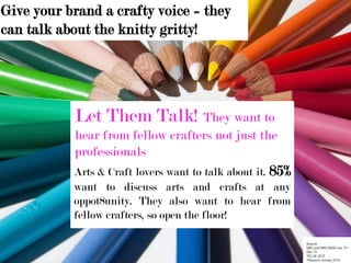 Give your brand a crafty voice = they
can talk about the knitty gritty!
Source:
NRS and NRS PADD Jan 15 –
Dec 15
TGI UK 2015
*Passions Survey 2016
Let Them Talk! They want to
hear from fellow crafters not just the
professionals
Arts & Craft lovers want to talk about it. 85%
want to discuss arts and crafts at any
oppot8unity. They also want to hear from
fellow crafters, so open the floor!
 