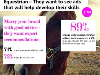 Equestrian – They want to see ads
that will help develop their skills
Marry your brand
with good advice -
they want expert
recommendations
74% want recommendation and
72% want to see advice
89%Engage with magazine brands
at least once a week and 75%
look specifically for ads to let
them know what's new
2.7M
Riders in the UK
 