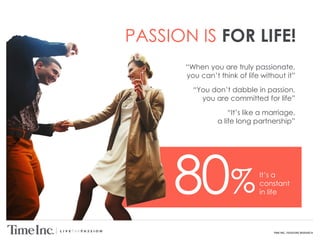 TIME INC. PASSIONS RESEARCH
PASSION IS FOR LIFE!
“When you are truly passionate,
you can’t think of life without it”
“You don’t dabble in passion,
you are committed for life”
“It’s like a marriage,
a life long partnership”
It’s a
constant
in life80%
 