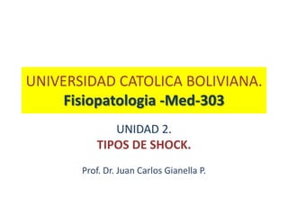 UNIVERSIDAD CATOLICA BOLIVIANA.
     Fisiopatologia -Med-303
             UNIDAD 2.
          TIPOS DE SHOCK.
       Prof. Dr. Juan Carlos Gianella P.
 