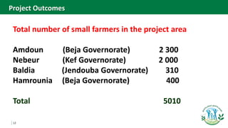 12
Total number of small farmers in the project area
Amdoun (Beja Governorate) 2 300
Nebeur (Kef Governorate) 2 000
Baldia (Jendouba Governorate) 310
Hamrounia (Beja Governorate) 400
Total 5010
Project Outcomes
 