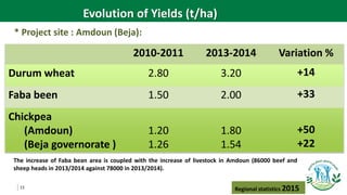 13
* Project site : Amdoun (Beja):
2010-2011 2013-2014 Variation %
Durum wheat 2.80 3.20 +14
Faba been 1.50 2.00 +33
Chickpea
(Amdoun)
(Beja governorate )
1.20
1.26
1.80
1.54
+50
+22
Regional statistics 2015
Evolution of Yields (t/ha)
The increase of Faba bean area is coupled with the increase of livestock in Amdoun (86000 beef and
sheep heads in 2013/2014 against 78000 in 2013/2014).
 