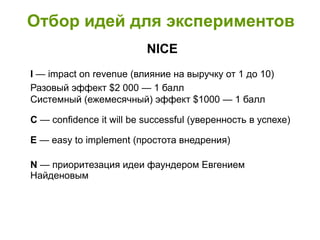 Отбор идей для экспериментов
NICE
I — impact on revenue (влияние на выручку от 1 до 10)
Разовый эффект $2 000 — 1 балл
Системный (ежемесячный) эффект $1000 — 1 балл
С — confidence it will be successful (уверенность в успехе)
E — easy to implement (простота внедрения)
N — приоритезация идеи фаундером Евгением
Найденовым
 