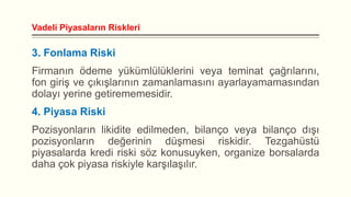Vadeli Piyasaların Riskleri

3. Fonlama Riski

Firmanın ödeme yükümlülüklerini veya teminat çağrılarını,
fon giriş ve çıkışlarının zamanlamasını ayarlayamamasından
dolayı yerine getirememesidir.
4. Piyasa Riski
Pozisyonların likidite edilmeden, bilanço veya bilanço dışı
pozisyonların değerinin düşmesi riskidir. Tezgahüstü
piyasalarda kredi riski söz konusuyken, organize borsalarda
daha çok piyasa riskiyle karşılaşılır.

 