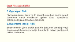 Vadeli Piyasaların Riskleri

5. Operasyon Riski

Piyasaları ölçme, takip ya da kontrol etme konusunda yeterli
donanıma sahip olmaksızın girilen türev piyasalarda
beklenmedik zararlarla karşılaşılabilir.
6. Düzenleme (Yasal) Riski
Sözleşmelerin yasal olarak yaptırım gücünün olmadığı veya
doğru olarak belgelenemediği durumlarda ortaya çıkabilecek
riskleri ifade eder.

 