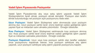 Vadeli İşlem Piyasasında Pozisyonlar
Vadeli İşlem Piyasalarında alış veya satış işlemi yaparak Vadeli İşlem
Sözleşmelerinin tarafı olmak, pozisyon almak demektir. Pozisyon alan tarafın
elinde bulundurduğu net pozisyon açık pozisyonunu ifade eder.
Uzun Pozisyon: Vadeli İşlem Sözleşmesi satın alınmasıyla uzun pozisyon
alınmış olur. Uzun pozisyon sahibi taraf, ürünü teslimat vadesi geldiğinde işlem
yapılan fiyat ve miktardan satın almakla yükümlüdür. Örneğin tüketiciler.

Kısa Pozisyon: Vadeli İşlem Sözleşmesi satılmasıyla kısa pozisyon alınmış
olur. Kısa pozisyon sahibi taraf ürünü teslimat vadesi geldiğinde işlem yapılan
fiyat ve miktardan satmakla yükümlüdür. Örneğin üreticiler.
Pozisyon Kapatmak: Uzun veya kısa pozisyon sahibi olan taraflar vadeden
önce pozisyonunu kapatmak isterse: kısa pozisyon sahibiyse alış işlemi
yaparak, uzun pozisyon sahibiyse satış işlemi yaparak pozisyonunu kapatır.

 