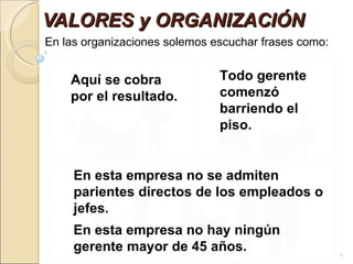 VALORES y ORGANIZACIÓN En las organizaciones solemos escuchar frases como: En esta empresa no hay ningún gerente mayor de 45 años. Aquí se cobra por el resultado. Todo gerente comenzó barriendo el piso. En esta empresa no se admiten parientes directos de los empleados o jefes. 