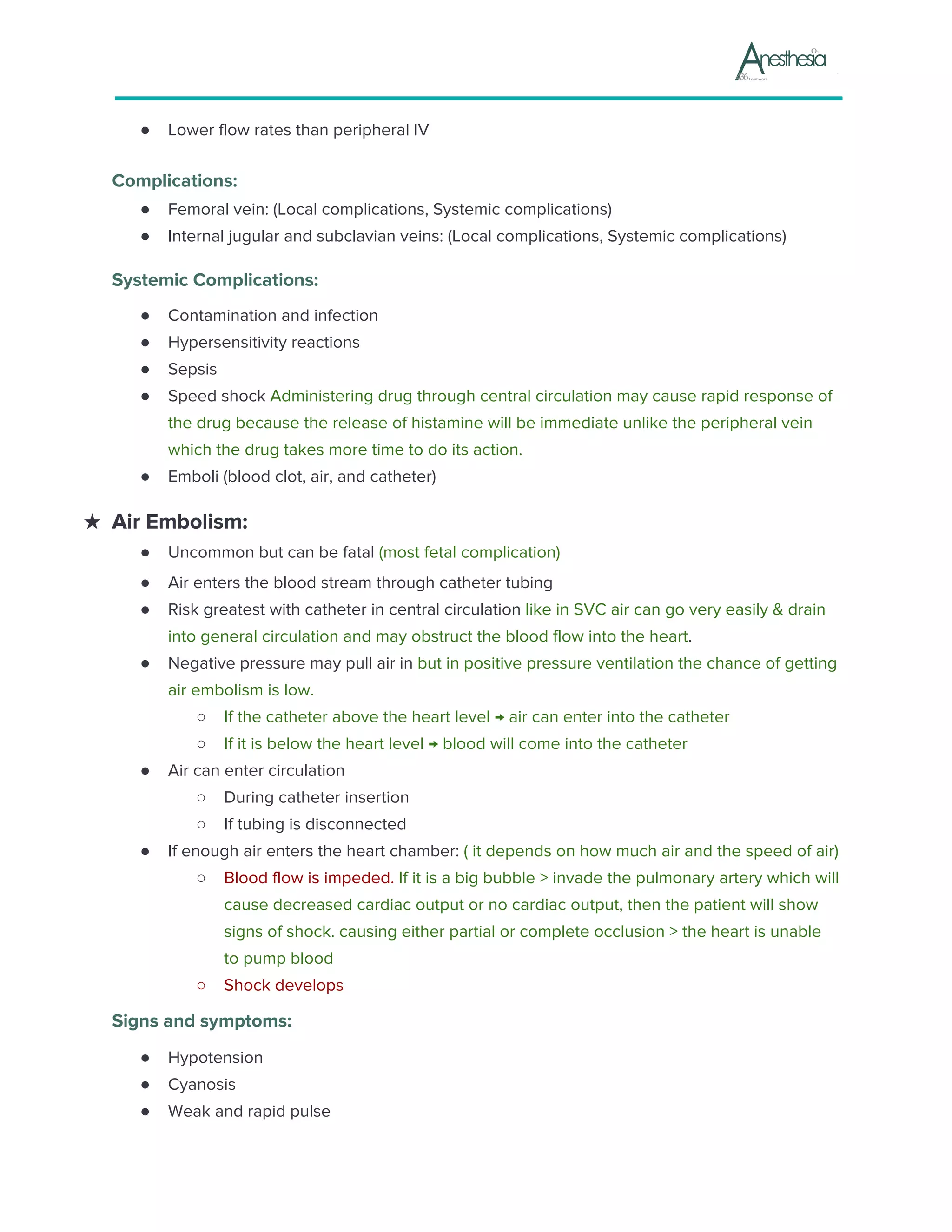 ● Lower flow rates than peripheral IV
Complications:
● ​Femoral vein: (Local complications, Systemic complications)
● ​Internal jugular and subclavian veins: (Local complications, Systemic complications)
Systemic Complications:
● ​Contamination and infection
● ​Hypersensitivity reactions
● ​​Sepsis
● ​​Speed shock ​Administering drug through central circulation may cause rapid response of
the drug because the release of histamine will be immediate unlike the peripheral vein
which the drug takes more time to do its action.
● ​Emboli (blood clot, air, and catheter)
★ Air Embolism:
● Uncommon but can be fatal ​(most fetal complication)
● Air enters the blood stream through catheter tubing
● Risk greatest with catheter in central circulation ​like in SVC air can go very easily & drain
into general circulation and may obstruct the blood flow into the heart​.
● Negative pressure may pull air in ​but in positive pressure ventilation the chance of getting
air embolism is low.
○ If the catheter above the heart level → air can enter into the catheter
○ If it is below the heart level → blood will come into the catheter
● ​Air can enter circulation
○ During catheter insertion
○ If tubing is disconnected
● ​If enough air enters the heart chamber:​ ( it depends on how much air and the speed of air)
○ Blood flow is impeded. ​If it is a big bubble > invade the pulmonary artery which will
cause decreased cardiac output or no cardiac output, then the patient will show
signs of shock. causing either partial or complete occlusion > the heart is unable
to pump blood
○ Shock develops
Signs and symptoms:
● Hypotension
● Cyanosis
● Weak and rapid pulse
 