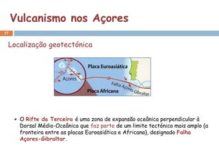 Vulcanismo nos Açores
37


 Localização geotectónica




      O Rifte da Terceira é uma zona de expansão oceânica perpendicular à
      Dorsal Médio-Oceânica que faz parte de um limite tectónico mais amplo (a
      fronteira entre as placas Euroasiática e Africana), designado Falha
      Açores-Gibraltar.
 