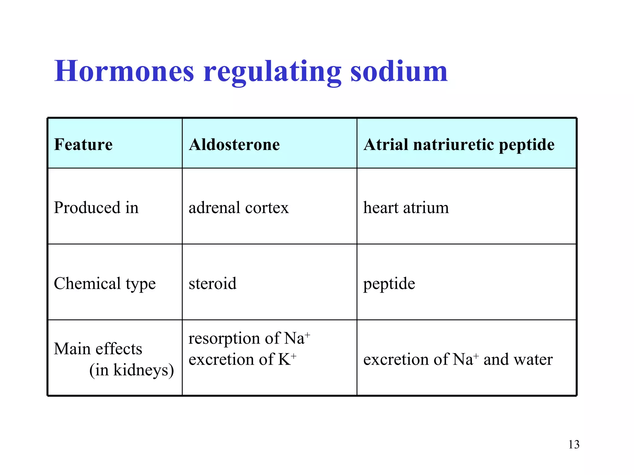 Hormones regulating sodium

Feature            Aldosterone         Atrial natriuretic peptide


Produced in        adrenal cortex      heart atrium



Chemical type      steroid             peptide


                   resorption of Na+
Main effects
                   excretion of K+     excretion of Na+ and water
    (in kidneys)



                                                                    13
 