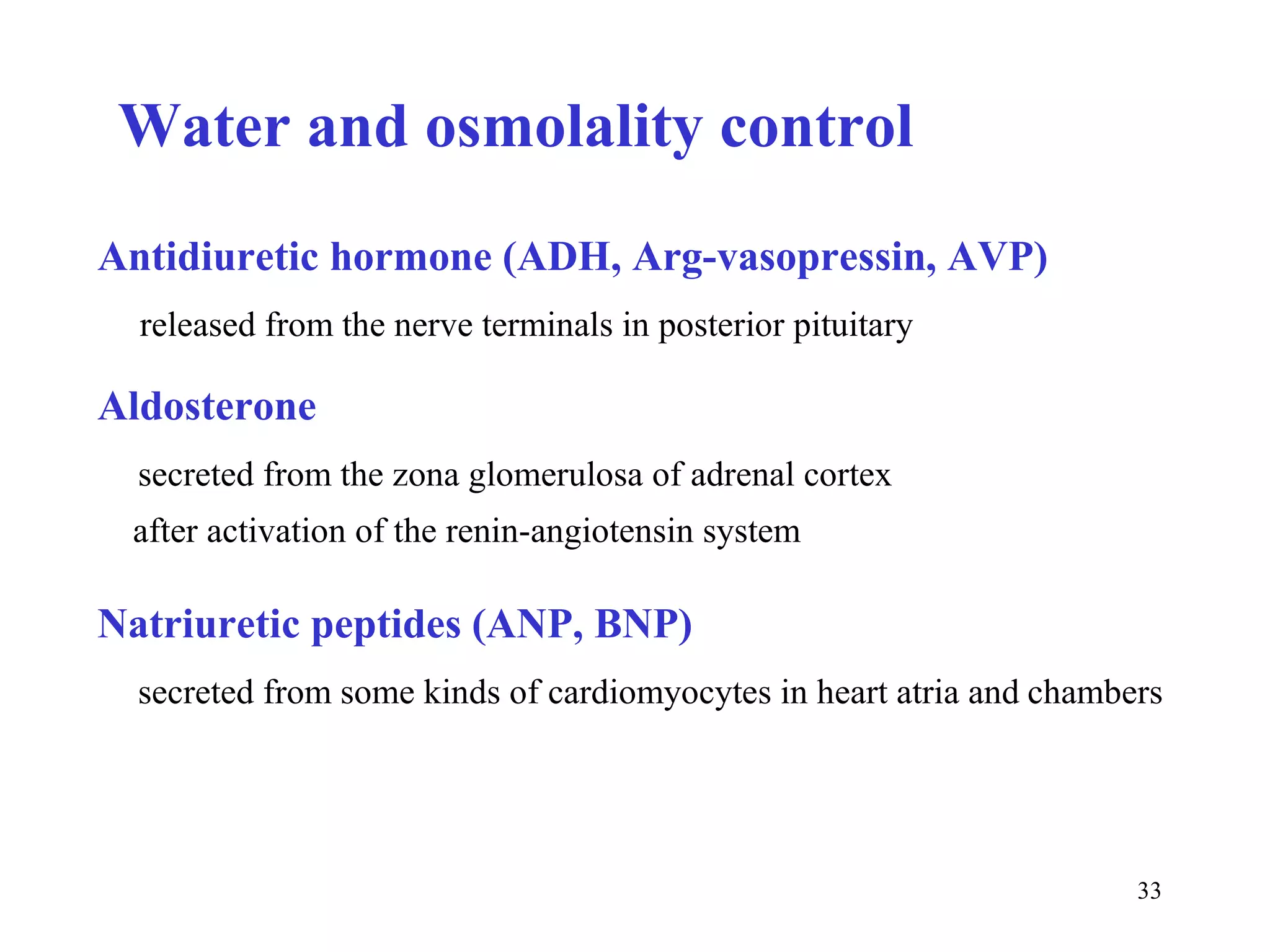 Water and osmolality control
Antidiuretic hormone (ADH, Arg-vasopressin, AVP)
  released from the nerve terminals in posterior pituitary

Aldosterone
  secreted from the zona glomerulosa of adrenal cortex
 after activation of the renin-angiotensin system

Natriuretic peptides (ANP, BNP)
  secreted from some kinds of cardiomyocytes in heart atria and chambers




                                                                      33
 
