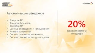 Автоматизация менеджера
• Контроль РК
• Контроль бюджетов
• Контроль KPI
• Система оповещений и напоминаний
• История изменений
• Система отчетности для клиента
• Система отчетности для руководителя
20%экономия времени
менеджера
 