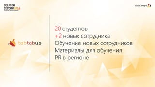 20 студентов
+2 новых сотрудника
Обучение новых сотрудников
Материалы для обучения
PR в регионе
 