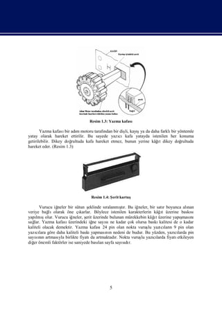Resim 1.3: Yazma kafası

                                         ndan       li,  ş
       Yazma kafası adı motoru tarafı bir diş kayıya da daha farklı yöntemle
                     bir m                                                bir
yatay olarak hareket ettirilir. Bu sayede yazı   cıkafa yatayda istenilen her konuma
getirilebilir. Dikey doğ                                            ı
                        rultuda kafa hareket etmez, bunun yerine kâğt dikey doğrultuda
hareket eder. (Resim 1.3)




                                   Resim 1.4: Ş kartuş
                                               erit

       Vurucu iğ neler bir sütun ş eklinde sı        ş
                                             ralanmı r. Bu iğ
                                                     tı      neler, bir satıboyunca alı
                                                                           r              nan
veriye bağ  lıolarak öne çı                                               ı
                              karlar. Böylece istenilen karakterlerin kâğt üzerine baskı    sı
yapı ş
     lmıolur. Vurucu iğ   neler, ş üzerinde bulunan mürekkebin kâğt üzerine yapı
                                 erit                                 ı               ş nı
                                                                                       ması
sağ Yazma kafası
    lar.               üzerindeki iğ sayı ne kadar çok olursa baskı
                                      ne     sı                          kalitesi de o kadar
kaliteli olacak demektir. Yazma kafası24 pin olan nokta vuruş yazı ları 9 pin olan
                                                                   lu     cı n
yazılara göre daha kaliteli baskı
     cı                              yapması n nedeni de budur. Bu yüzden, yazılarda pin
                                             nı                                   cı
sayını artması birlikte fiyatı artmaktadı Nokta vuruş yazılarda fiyatı
     sın          yla               da            r.           lu     cı            etkileyen
diğ önemli faktörler ise saniyede bası sayfa sayıdı
   er                                    lan          sı r.




                                             5
 