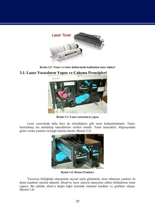 Resim 3.2: Toner ve toner doldurmada kullanı toner tüpleri
                                                          lan

3.1. Lazer Yazıları Yapı ve Çalı Prensipleri
              cı n     sı      şma




                           Resim 3.3: Lazer yazınıiç yapı
                                               cı n     sı

      Lazer yazılarda daha önce de söylediğ
                  cı                           imiz gibi toner kullanı
                                                                     lmaktadı Toner,
                                                                             r.
kurutulmuştoz mürekkep taneciklerine verilen isimdir. Toner tanecikleri, bilgisayardan
                   mı     ı
gelen veriler yardı ile kâğ üzerine basır. (Resim 3.2)
                           t           lı




                               Resim 3.4: Drum (Tambur)

     Yazını belleğ
          cı n       inde oluşturulan sayı sayfa görünümü, lazer tabancası
                                         sal                              yardı ile
                                                                              mı
drum (tambur) üzerine aktarır. Drum’ı lazer ını manyetize edilen bölümlerine toner
                           lı         n,     ş yla
                                             ı
yapır. Bu ş
    şı                          en     ı
            ekilde, drum’a değ kâğt üzerinde istenilen karakter ve grafikler oluş
                                                                                ur.
(Resim 3.4)


                                          29
 