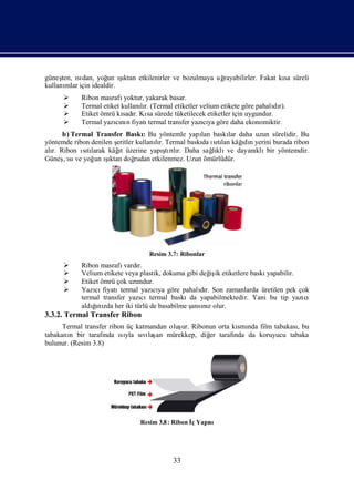 güneş ıdan, yoğ ıktan etkilenirler ve bozulmaya uğ
      ten, sı     un ş ı                         rayabilirler. Fakat kı süreli
                                                                      sa
kullanı için idealdir.
       mlar
          Ribon masrafı  yoktur, yakarak basar.
          Termal etiket kullanır. (Termal etiketler velium etikete göre pahalı r).
                               lı                                             dı
          Etiket ömrü kı r. Kı sürede tüketilecek etiketler için uygundur.
                         sadı sa
          Termal yazını fiyatı
                      cı n         termal transfer yazıya göre daha ekonomiktir.
                                                      cı
     b) Termal Transfer BaskıBu yöntemle yapı baskı daha uzun sürelidir. Bu
                                 :                  lan     lar
yöntemde ribon denilen ş
                       eritler kullanır. Termal baskı ıtı kâğ n yerini burada ribon
                                     lı             da sılan    ı
                                                                dı
alı Ribon ıtı
  r.                    ı               ş lı
            sılarak kâğ üzerine yapı rır. Daha sağklı dayanı bir yöntemdir.
                        t                tı             lı ve      klı
Güneşı ve yoğ ıktan doğ
      , sı      un ş ı        rudan etkilenmez. Uzun ömürlüdür.




                                  Resim 3.7: Ribonlar
          Ribon masrafı  vardı
                              r.
          Velium etikete veya plastik, dokuma gibi değ ik etiketlere baskı
                                                      iş                   yapabilir.
          Etiket ömrü çok uzundur.
          Yazı fiyatı
                cı      termal yazıya göre pahalır. Son zamanlarda üretilen pek çok
                                    cı              dı
           termal transfer yazıcıtermal baskıda yapabilmektedir. Yani bu tip yazı     cı
           aldını her iki türlü de basabilme ş nıolur.
               ğ zda
                ı                               ansız
3.3.2. Termal Transfer Ribon
      Termal transfer ribon üç katmandan oluş Ribonun orta kı nda film tabakasıbu
                                            ur.              smı              ,
tabakanı bir tarafı ıyla sı laş mürekkep, diğ tarafı da koruyucu tabaka
        n            nda sı      vı an             er       nda
bulunur. (Resim 3.8)




                               Resim 3.8 : Ribon İ Yapı
                                                 ç    sı




                                           33
 