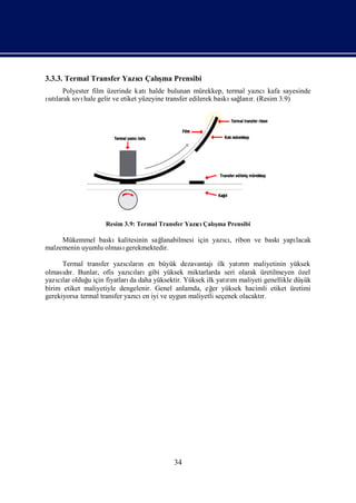 3.3.3. Termal Transfer Yazı Çalı Prensibi
                          cı ş  ma
     Polyester film üzerinde katı  halde bulunan mürekkep, termal yazı kafa sayesinde
                                                                       cı
ıtı
sılarak sı hale gelir ve etiket yüzeyine transfer edilerek baskı lanı (Resim 3.9)
         vı                                                     sağ r.




                   Resim 3.9: Termal Transfer Yazı Çalı Prensibi
                                                 cı ş  ma

     Mükemmel baskıkalitesinin sağlanabilmesi için yazı, ribon ve baskıyapı
                                                      cı                  lacak
malzemenin uyumlu olması
                       gerekmektedir.

      Termal transfer yazıları en büyük dezavantajıilk yatım maliyetinin yüksek
                            cı n                                   rı
olmasır. Bunlar, ofis yazılarıgibi yüksek miktarlarda seri olarak üretilmeyen özel
      dı                      cı
yazılar olduğ için fiyatları daha yüksektir. Yüksek ilk yatım maliyeti genellikle düş
    cı         u              da                               rı                   ük
birim etiket maliyetiyle dengelenir. Genel anlamda, eğ yüksek hacimli etiket üretimi
                                                         er
gerekiyorsa termal transfer yazı en iyi ve uygun maliyetli seçenek olacaktı
                                cı                                        r.




                                         34
 