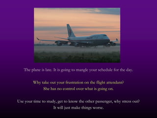 The plane is late. It is going to mangle your schedule for the day.

         Why take out your frustration on the flight attendant?
              She has no control over what is going on.

Use your time to study, get to know the other passenger, why stress out?
                     It will just make things worse.
 