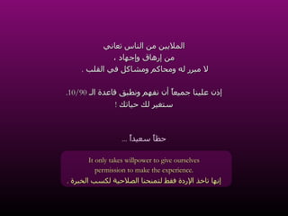 الملايين من الناس تعاني من إرهاق وإجهاد ، لا مبرر له ومحاكم ومشاكل في القلب  .   إذن علينا جميعاً أن نفهم ونطبق قاعدة الـ  10/90. ستغير لك حياتك  ! حظاً سعيداً  ... It only takes willpower to give ourselves permission to make the experience. إنها تاخذ الإردة فقط لتمنحنا الصلاحية لكسب الخبرة  . 