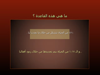 ما هي هذه القاعدة ؟ 10%  من الحياة تتشكل من خلال ما يحدث لنا   . و الـ  90 %  من الحياة يتم تحديدها من خلال ردود أفعالنا  ... 