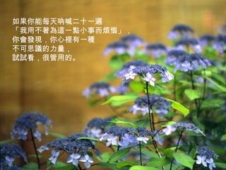 如果你能每天吶喊二十一遍 「我用不著為這一點小事而煩惱」， 你會發現，你心裡有一種 不可思議的力量， 試試看，很管用的。   