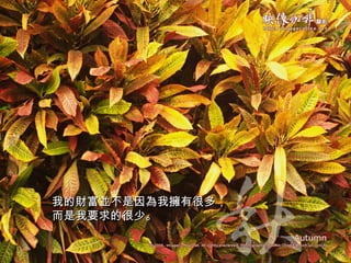 我的財富並不是因為我擁有很多， 而是我要求的很少。   