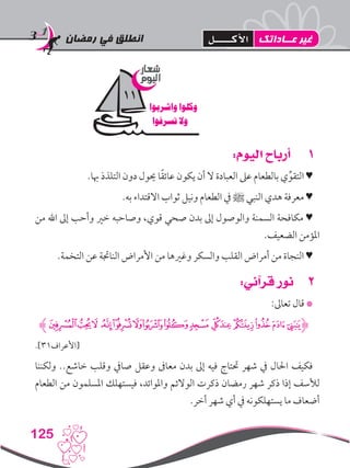 ‫رمضان‬ ‫في‬ ‫انطلق‬
125
11:‫اليوم‬ ‫أرباح‬
.‫هبا‬ ‫التلذذ‬ ‫دون‬ ‫حيول‬ ‫ا‬ً‫ق‬‫عائ‬ ‫يكون‬ ‫أن‬ ‫ال‬ ‫العبادة‬ ‫عىل‬ ‫بالطعام‬ ‫ي‬ِّ‫التقو‬ ♥
.‫به‬ ‫االقتداء‬ ‫ثواب‬ ‫ونيل‬ ‫الطعام‬ ‫يف‬ ‫ﷺ‬ ‫النبي‬ ‫هدي‬ ‫معرفة‬ ♥
‫من‬ ‫اهلل‬ ‫إىل‬ ‫وأحب‬ ‫خري‬ ‫وصاحبه‬ ،‫قوي‬ ‫صحي‬ ‫بدن‬ ‫إىل‬ ‫والوصول‬ ‫السمنة‬ ‫مكافحة‬ ♥
.‫الضعيف‬ ‫املؤمن‬
.‫التخمة‬ ‫عن‬ ‫الناجتة‬ ‫األمراض‬ ‫من‬ ‫وغريها‬ ‫والسكر‬ ‫القلب‬ ‫أمراض‬ ‫من‬ ‫النجاة‬ ♥
22:‫قرآني‬ ‫نور‬
:‫تعاىل‬ ‫قال‬ *
‫ﮊ‬‫ﭡ‬‫ﭠ‬‫ﭟ‬ ‫ﭞ‬‫ﭜ‬‫ﭛ‬‫ﭚ‬‫ﭙ‬‫ﭘ‬‫ﭗ‬‫ﭖ‬‫ﭕ‬‫ﭔ‬‫ﭓ‬‫ﭒ‬‫ﮋ‬
.]31‫[األعراف‬
‫ولكننا‬ ..‫خاشع‬ ‫وقلب‬ ‫صايف‬ ‫وعقل‬ ‫معاىف‬ ‫بدن‬ ‫إىل‬ ‫فيه‬ ‫حتتاج‬ ‫شهر‬ ‫يف‬ ‫احلال‬ ‫فكيف‬
‫الطعام‬ ‫من‬ ‫املسلمون‬ ‫فيستهلك‬ ،‫واملوائد‬ ‫الوالئم‬ ‫ذكرت‬ ‫رمضان‬ ‫شهر‬ ‫ذكر‬ ‫إذا‬ ‫لألسف‬
.‫أخر‬ ‫شهر‬ ‫أي‬ ‫يف‬ ‫يستهلكونه‬ ‫ما‬ ‫أضعاف‬
‫شعار‬
‫اليوم‬
‫واشربوا‬ ‫وكلوا‬
‫تسرفوا‬ ‫وال‬
11
‫عــاداتك‬ ‫غير‬‫األكـــــل‬
 