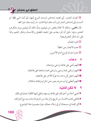 ‫رمضان‬ ‫في‬ ‫انطلق‬
169
‫لو‬ :‫ﷺ‬ ‫النبي‬ ‫أبان‬ ‫كام‬ ،‫إليها‬ ‫الزوج‬ ‫إحسان‬ ‫إحداهن‬ ‫جتحد‬ ‫أي‬ :‫العشري‬ ‫كفران‬ ☼
.‫قط‬ ‫ا‬ً‫خري‬ ‫منك‬ ‫رأيت‬ ‫ما‬ :‫قالت‬ ‫ا‬ً‫ئ‬‫شي‬ ‫منك‬ ‫رأت‬ ‫ثم‬ ‫الدهر‬ ‫إحداهن‬ ‫إىل‬ ‫أحسنت‬
‫بشكرهن‬ ‫يزيد‬ ‫إيامهنن‬ ‫أن‬ ‫ذلك‬ َّ‫ودل‬ ،‫إيامهنم‬ ‫من‬ ‫ينقص‬ ‫حمالة‬ ‫ال‬ ‫وذلك‬ :‫الطيبي‬ ‫قال‬
‫ولذا‬ ،‫املنعم‬ ‫وشكر‬ ‫واإلحسان‬ ‫للفضل‬ ‫اجلحد‬ ‫عىل‬ ‫يعذب‬ ‫املرء‬ ‫أن‬ ‫دليل‬ :‫وفيه‬ ،‫العشري‬
.‫فريضة‬ ‫املنعم‬ ‫شكر‬ ‫إن‬ :‫قيل‬
.‫اجلدال‬ ‫كثرة‬ ☼
‫اخلطأ‬ ‫عن‬ ‫االعتذار‬ ‫عدم‬ ☼
.‫اآلخرين‬ ‫أمام‬ ‫الزوج‬ ‫احرتام‬ ‫عدم‬ ☼
88:‫دعاء‬
.‫وإسعاده‬ ‫زوجي‬ ‫طاعة‬ ‫عىل‬ ‫أعني‬ ‫اللهم‬ ◙
.‫طاعتك‬ ‫عىل‬ ‫وامجعنا‬ ‫حمبته‬ ‫وارزقني‬ ‫زوجي‬ ‫حمبة‬ ‫ارزقني‬ ‫اللهم‬ ◙
.‫طاعتك‬ ‫عىل‬ ‫لآلخر‬ ‫ًا‬‫ن‬‫عو‬ ‫منا‬ ‫واحد‬ ‫كل‬ ‫اجعل‬ ‫اللهم‬ ◙
.‫باحلالل‬ ‫وإغنائه‬ ‫احلرام‬ ‫عن‬ ‫برصه‬ ‫رصف‬ ‫ثواب‬ ‫أعطني‬ ‫اللهم‬ ◙
99:‫ا‬ً‫أناني‬ ‫تكن‬ ‫ال‬
.‫ذلك‬ ‫يف‬ ‫عملية‬ ‫ا‬ً‫أفكار‬ ‫إليها‬ ‫وانقيل‬ ‫زوجها‬ ‫طاعة‬ ‫عىل‬ ‫أخواتك‬ ‫من‬ ‫ًا‬‫ت‬‫أخ‬ ‫أعيني‬ 
.‫أخواتك‬ ‫مع‬ ‫وتدارسيه‬ )‫الزهرة‬ ‫من‬ ‫والرجال‬ ‫املريخ‬ ‫من‬ ‫(النساء‬ ‫كتاب‬ ‫طالعي‬ 
.‫املوضوع‬ ‫هذا‬ ‫مضمون‬ ‫حول‬ ‫عملك‬ ‫زمالء‬ ‫يف‬ ‫أو‬ ‫مسجدك‬ ‫يف‬ ‫كلمة‬ ‫ألق‬ 
 