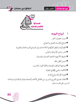 ‫رمضان‬ ‫في‬ ‫انطلق‬
85
11:‫اليوم‬ ‫أرباح‬
.‫اخلري‬ ‫حصول‬ ‫سبب‬ ♥
.‫والنجاح‬ ‫للعمل‬ ‫اإلنسان‬ ‫اندفاع‬ ♥
.‫واملصيبة‬ ‫املحنة‬ ‫قلب‬ ‫يف‬ ‫كنت‬ ‫ولو‬ ‫لألحداث‬ ‫اإلجيابية‬ ‫والنظرة‬ ‫الطمأنينة‬ ♥
.‫واليأس‬ ‫اإلحباط‬ ‫حاجز‬ ‫كرس‬ ♥
.‫واجلسدية‬ ‫النفسية‬ ‫املناعية‬ ‫األجهزة‬ ‫تنشيط‬ ♥
.‫باهلل‬ ‫الظن‬ ‫حسن‬ ♥
.‫املناسب‬ ‫القرار‬ ‫واختاذ‬ ‫الصعبة‬ ‫املواقف‬ ‫مواجهة‬ ♥
.‫تفاؤله‬ ‫يف‬ ‫ﷺ‬ ‫بالنبي‬ ‫االقتداء‬ ♥
.‫املراد‬ ‫وبلوغ‬ ‫اإلرادة‬ ‫تقوية‬ ♥
‫إدخال‬‫ثواب‬‫بذلك‬‫فينال‬‫وأصحابه‬‫ألهله‬‫املتفائل‬‫من‬‫والرسور‬‫الفرح‬‫عدوى‬‫انتقال‬♥
.‫مسلم‬ ‫قلب‬ ‫عىل‬ ‫الرسور‬
‫شعار‬
‫اليوم‬
‫تفـــاءلوا‬
‫جتــدوه‬ ‫باخليــر‬
5
‫قنـاعاتك‬ ‫غير‬‫التفـــاؤل‬
 