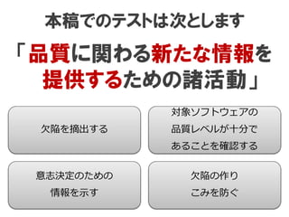 本稿でのテストは次とします
「品質に関わる新たな情報を
提供するための諸活動」
欠陥を摘出する
対象ソフトウェアの
品質レベルが十分で
あることを確認する
意志決定のための
情報を示す
欠陥の作り
こみを防ぐ
 