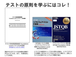 テストの原則を学ぶにはコレ！
テスト技術者資格制度 Foundation
Levelシラバス日本語版
JSTQB FL シラバス (PDF)
ISTQBシラバス準拠
ソフトウェアテストの
基礎 Foundation Level
著者多数/BNN新社
シラバスの副読本として次の2冊もお勧め。シラバスだけ
では理解しきれないところなどはこれで補おう。2冊とシ
ラバスを比較することでより理解が進む
ソフトウェアテスト教科書
JSTQB Foundation 第3版
著者多数/翔泳社
通読すればテストの全体像を俯瞰で
きるようになる。また、共通言語と
しても有効。
 