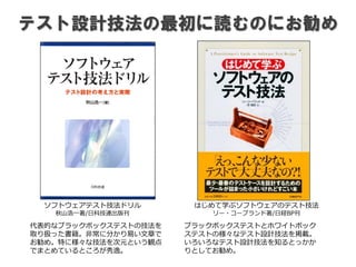 テスト設計技法の最初に読むのにお勧め
ソフトウェアテスト技法ドリル
秋山浩一著/日科技連出版刊
代表的なブラックボックステストの技法を
取り扱った書籍。非常に分かり易い文章で
お勧め。特に様々な技法を次元という観点
でまとめているところが秀逸。
はじめて学ぶソフトウェアのテスト技法
リー・コープランド著/日経BP刊
ブラックボックステストとホワイトボック
ステストの様々なテスト設計技法を掲載。
いろいろなテスト設計技法を知るとっかか
りとしてお勧め。
 