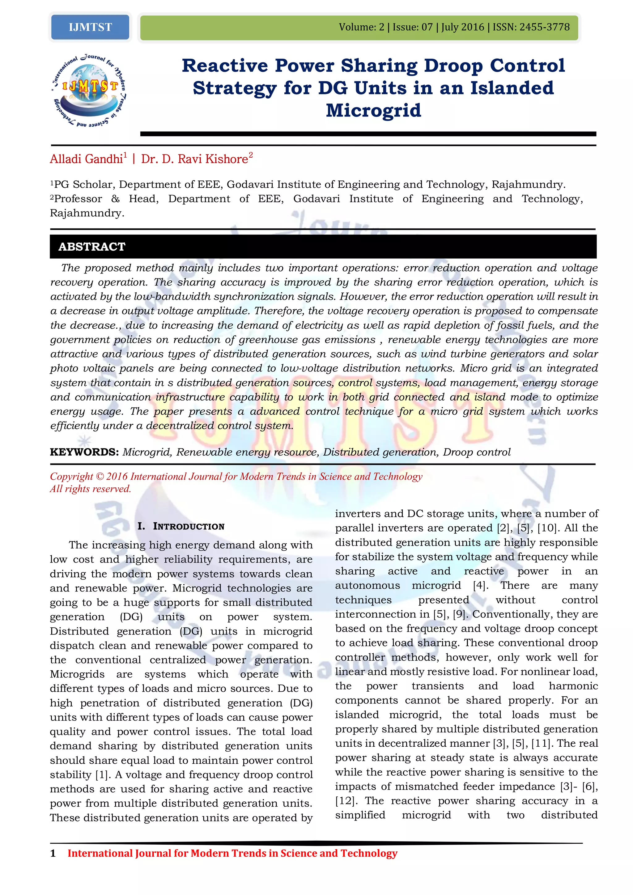 Reactive Power Sharing Droop Control Strategy for DG Units in an ...