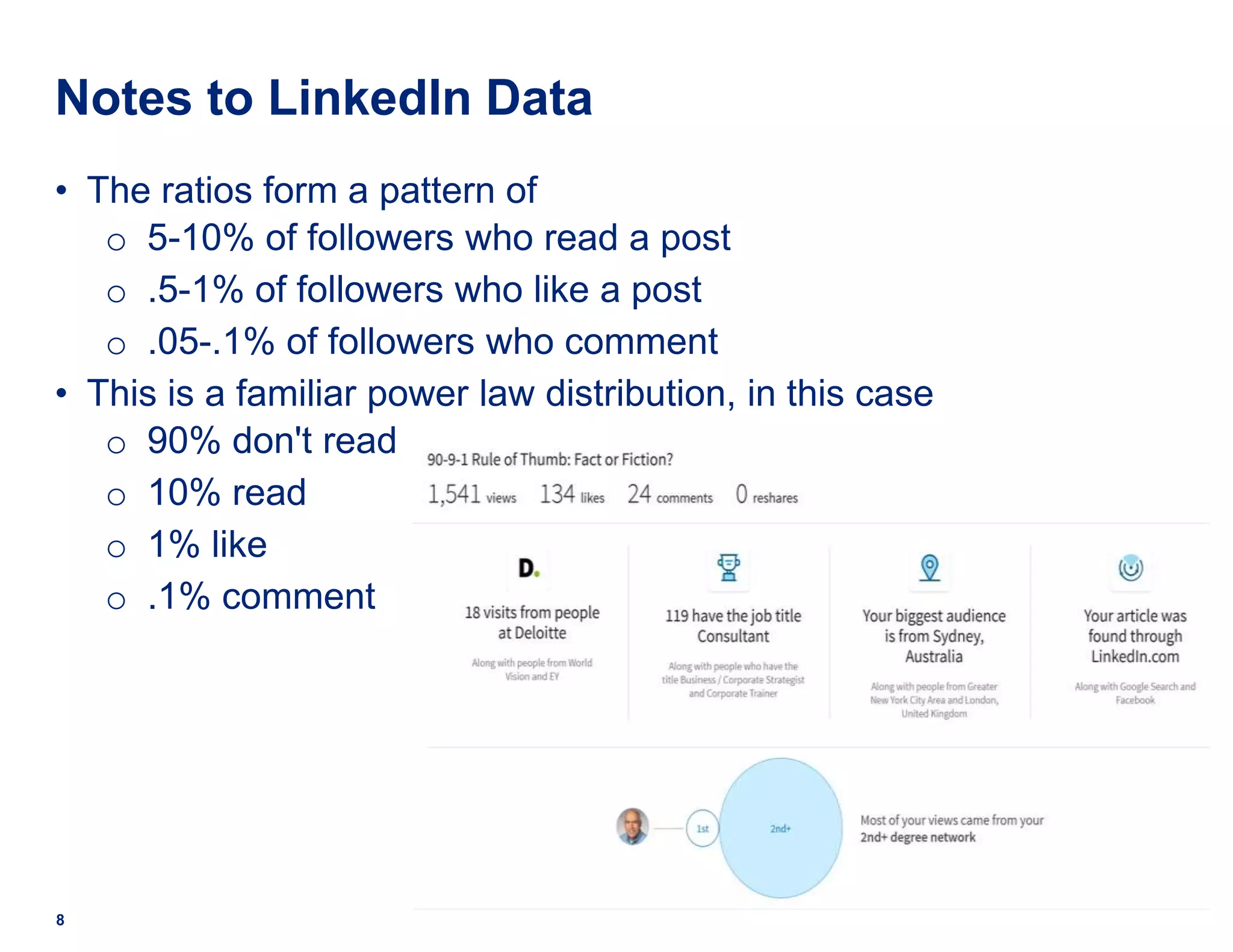 Notes to LinkedIn Data
• The ratios form a pattern of
o 5-10% of followers who read a post
o .5-1% of followers who like a post
o .05-.1% of followers who comment
• This is a familiar power law distribution, in this case
o 90% don't read
o 10% read
o 1% like
o .1% comment
8
 