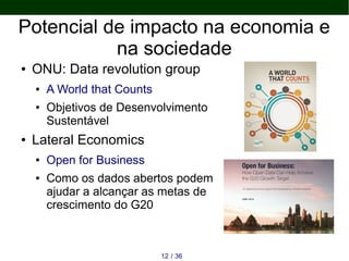 Potencial de impacto na economia e
na sociedade
● ONU: Data revolution group
● A World that Counts
● Objetivos de Desenvolvimento
Sustentável
● Lateral Economics
● Open for Business
● Como os dados abertos podem
ajudar a alcançar as metas de
crescimento do G20
3612 /
 