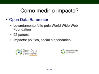 Como medir o impacto?
● Open Data Barometer
● Levantamento feito pela World Wide Web
Foundation
● 92 países
● Impacto: político, social e econômico
3618 /
 