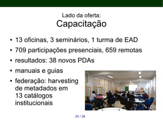 Lado da oferta:
Capacitação
● 13 oficinas, 3 seminários, 1 turma de EAD
● 709 participações presenciais, 659 remotas
● resultados: 38 novos PDAs
● manuais e guias
● federação: harvesting
de metadados em
13 catálogos
institucionais
3623 /
 
