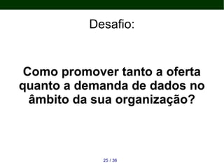 Desafio:
3625 /
Como promover tanto a oferta
quanto a demanda de dados no
âmbito da sua organização?
 