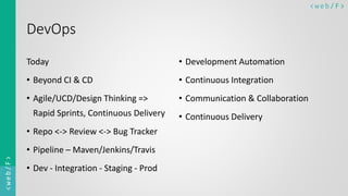 < w e b/ F ><web/F>
DevOps
Today
• Beyond CI & CD
• Agile/UCD/Design Thinking =>
Rapid Sprints, Continuous Delivery
• Repo <-> Review <-> Bug Tracker
• Pipeline – Maven/Jenkins/Travis
• Dev - Integration - Staging - Prod
• Development Automation
• Continuous Integration
• Communication & Collaboration
• Continuous Delivery
 