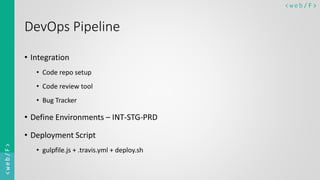< w e b/ F ><web/F>
DevOps Pipeline
• Integration
• Code repo setup
• Code review tool
• Bug Tracker
• Define Environments – INT-STG-PRD
• Deployment Script
• gulpfile.js + .travis.yml + deploy.sh
 